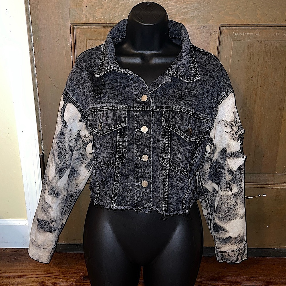 Black Distressed Punk Gray Acid Wash Sleeves Crop Moto Button Up Jacket Size S - Picture 2 of 12